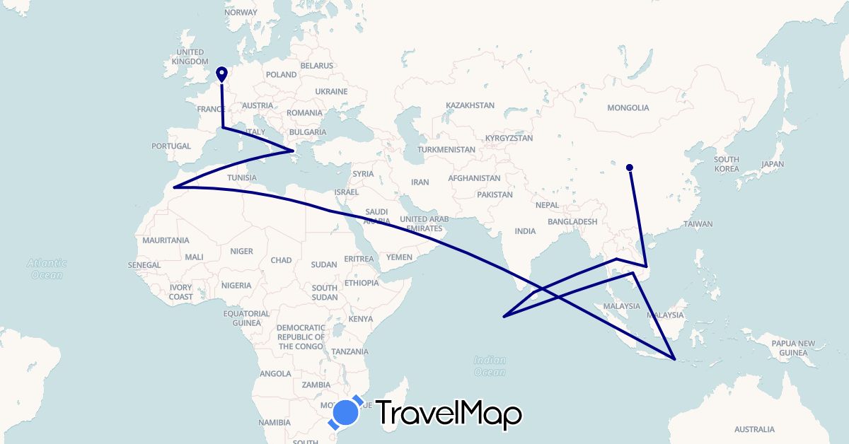 TravelMap itinerary: driving in Belgium, China, Egypt, France, Greece, Indonesia, Cambodia, Sri Lanka, Morocco, Maldives, Thailand, Vietnam (Africa, Asia, Europe)